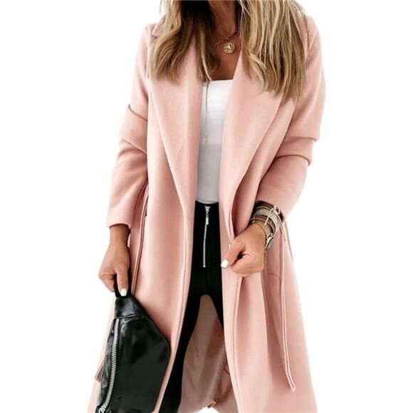 Womens Classic Coat Lapel Collar Open Front Light Pink - Picture 2 of 5